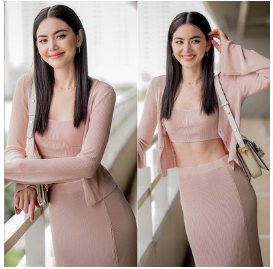 泰国明星mai同款针织三件套装女2020新款粉色洋气减龄显高连衣裙