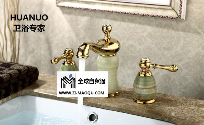卫浴洁具 全铜陶瓷镀金三孔面盆水龙头 浴室柜龙头分体三件套